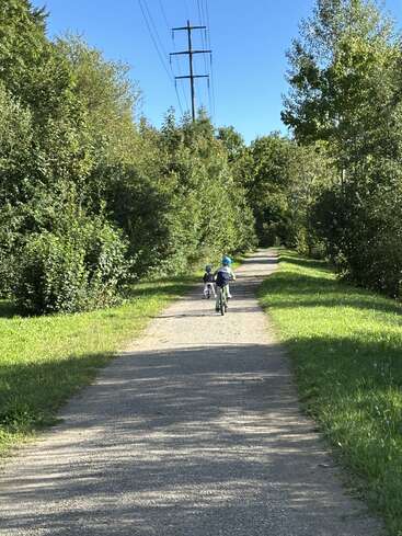Zwei Kinder fahren mit dem Fahrrad einen sonnigen, von Bäumen gesäumten Weg entlang. Der Himmel ist klar und blau, über ihnen verlaufen Stromleitungen. Üppiges grünes Laub umgibt den Weg.