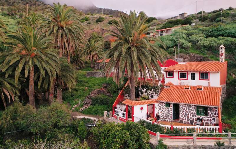 This image shows a charming house with a red-tiled roof surrounded by lush green vegetation and tall palm trees, nestled in a picturesque, mountainous landscape.