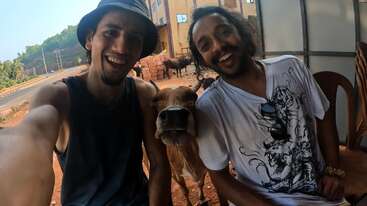 Two smiling men sit outside, taking a selfie with a friendly cow between them. The background shows a rural street scene, trees, and buildings, creating a cheerful vibe.