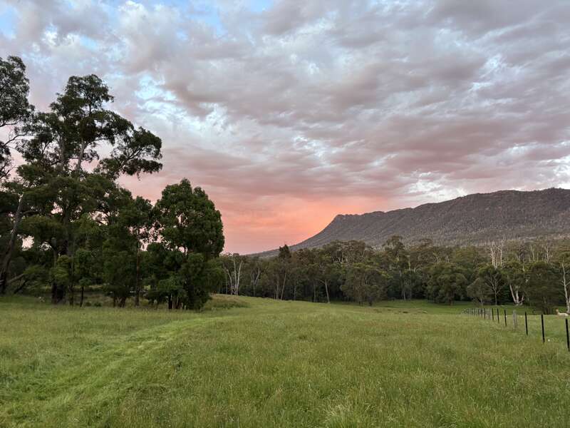 Um sereno prado gramado se estende em direção a uma floresta e montanhas. As árvores se alinham à esquerda, sob dramáticas e coloridas nuvens noturnas tocadas por suaves tons de rosa do pôr do sol.