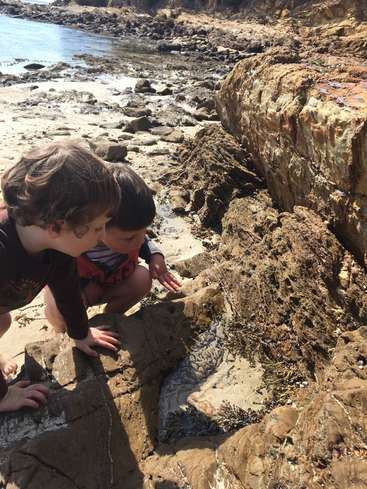 Two children crouch on a rocky beach, intently examining the shoreline, with a small stream of water flowing between the rocks in the foreground.