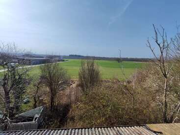 La imagen muestra un cielo azul claro sobre campos verdes, con árboles y arbustos sin hojas en primer plano, y edificios industriales a la izquierda.