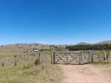 A wooden gate stands at the entrance of a rural field, surrounded by grassy hills, distant trees, a farmhouse, and a clear blue sky above.