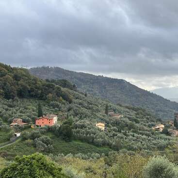 A picturesque hillside village with scattered houses, lush green trees, and rolling hills beneath a dramatic cloudy sky, capturing a peaceful and serene countryside atmosphere.