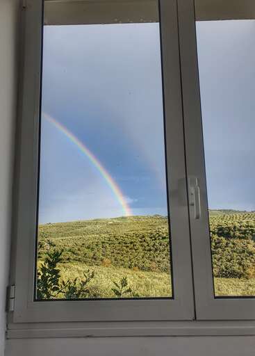A través de una ventana transparente, un vibrante arco iris doble se extiende con elegancia sobre las onduladas colinas verdes bajo un cielo azul, creando una escena natural tranquila y estimulante.