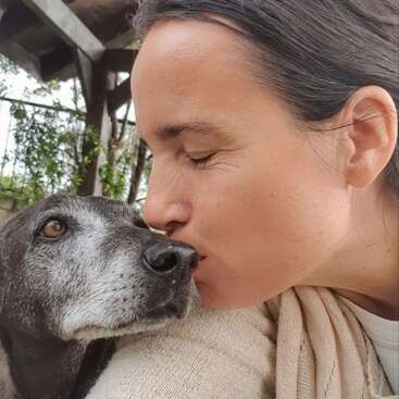 Uma mulher beija carinhosamente a cabeça de um cachorro de focinho cinza, ambos transparecendo calor e afeto. Eles parecem compartilhar um momento terno e tranquilo ao ar livre.