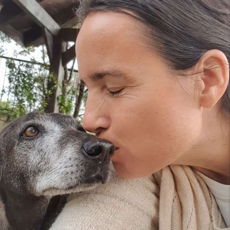 Una mujer besa con cariño la cabeza de un perro de hocico gris, ambos irradiando calidez y afecto. Parecen compartir un momento tierno y tranquilo al aire libre.