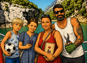 Une famille de quatre personnes souriante pose en plein air près d'un lac et de falaises rocheuses. Le garçon tient un ballon de football, la fille un téléphone et le père un sécateur.