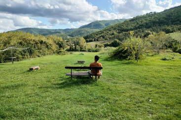 A person sits alone on a bench, gazing at lush green hills under a partly cloudy sky, surrounded by trees and nature’s peaceful expanse.