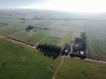 Esta imagen aérea muestra extensos campos agrícolas verdes, atravesados por caminos de tierra. En un cruce de caminos, envuelto en la niebla matinal, se ve un grupo de árboles y pequeños edificios.