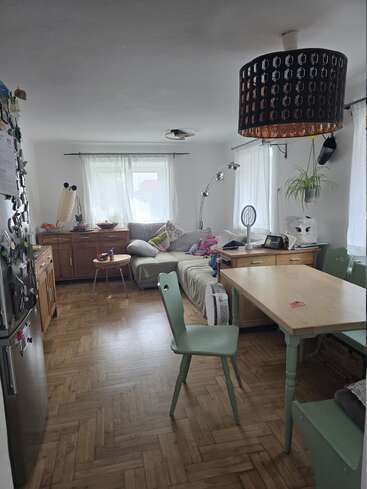 Un acogedor salón con suelos de madera, un sofá gris, mesa y sillas verdes, grandes ventanales con cortinas transparentes, plantas y una moderna lámpara de techo negra.