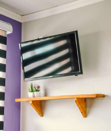 A wall-mounted TV is above a wooden shelf holding two small potted plants. The background features a purple and white wall with striped curtains and a logo.