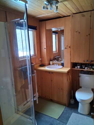 This cozy bathroom features wooden walls and cabinetry, a glass shower, white toilet, built-in sink, large mirror, small window, simple lighting, and organized toiletries. Inviting and rustic.