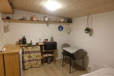 This cozy kitchenette features a wooden counter, a small dining table with two chairs, open shelves with kitchenware, a hanging plant, and simple homey decor.