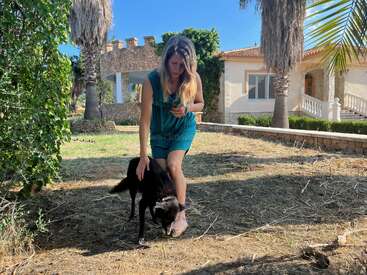 A woman in a teal dress stands outside near a house, gently petting a black dog. Palm trees and stone walls surround the sunlit garden area.