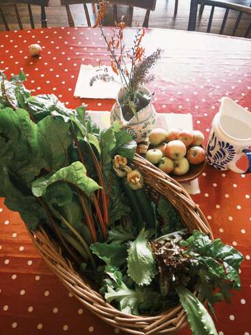 Ein Weidenkorb mit frischem Blattgemüse und Zucchini steht auf einer roten gepunkteten Tischdecke, daneben liegen Äpfel, ein Krug und eine Vase mit Wildblumen.