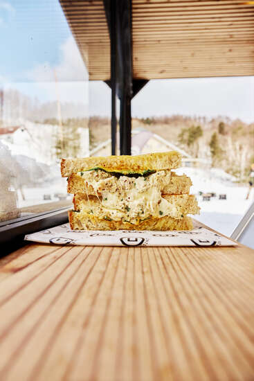 Un délicieux sandwich à la salade de poulet avec des herbes et du fromage fondu est posé sur un pain rustique, photographié sur un comptoir en bois avec une vue extérieure enneigée et pittoresque à l'arrière-plan.