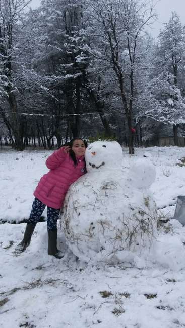 La imagen muestra a una niña con un abrigo rosa abrazando a un muñeco de nieve en un campo nevado, rodeada de árboles y una valla al fondo.