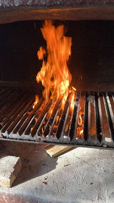 Unas brillantes llamas anaranjadas se elevan a través de una parrilla metálica vacía en el interior de un asador. La leña arde debajo, proyectando una luz cálida y sombras sobre la áspera superficie de piedra.