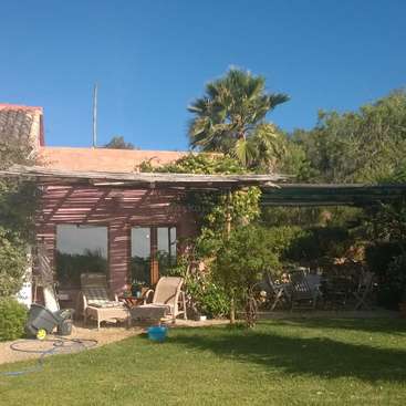 Das Bild zeigt eine ruhige Hinterhofszene mit einem Haus mit Pergola und Terrassenmöbeln, umgeben von üppigem Grün und einem klaren blauen Himmel.