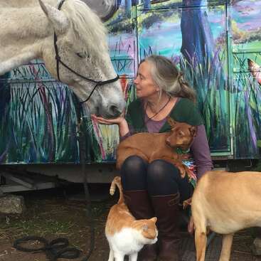 L'image représente une femme entourée d'un cheval, d'un chien et d'un chat, avec une peinture murale vibrante d'animaux en arrière-plan, illustrant une coexistence harmonieuse.