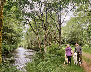 A couple stands on a lush, green forest path beside a flowing river, smiling with their two dogs on leashes amidst vibrant, serene nature.