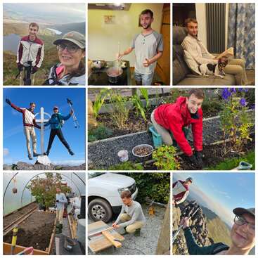 Ce collage montre un jeune homme s'adonnant à diverses activités : randonnée, cuisine, lecture avec un chien, saut, jardinage, travail du bois et travail dans une serre polytunnel.