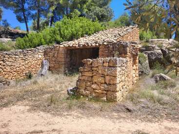 An old stone hut surrounded by dry grass and rocks, set in a forest landscape with green bushes and tall pine trees under a clear blue sky.