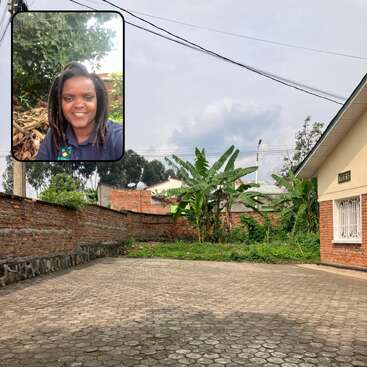 The image depicts a serene scene of a paved driveway, brick wall, and house, with a photo of a person superimposed in the top left corner, set against a cloudy sky.
