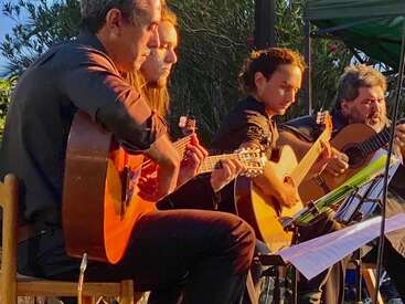 Four musicians, each playing classical guitars, perform together outdoors. They are deeply focused on their music, illuminated by warm sunlight, with music sheets in front of them.