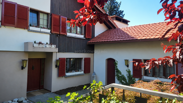 A charming house with red shutters and a red-tiled roof, surrounded by greenery, sunlight, and vibrant foliage, creating a warm, inviting, and peaceful atmosphere.