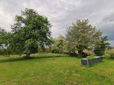 Ein üppig grüner Garten mit hohen Bäumen, dichtem Gras und einem erhöhten Pflanzkübel aus Metall. Der Himmel ist bewölkt, was auf ein herannahendes Gewitter hindeutet. Eine friedliche ländliche Umgebung.