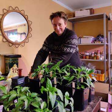 Das Bild zeigt einen Mann, der sich um Pflanzen in einem Raum mit einem Spiegel an der Wand, Regalen und verschiedenen Gegenständen kümmert, die überall verstreut sind.