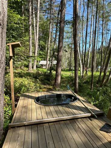 Una pequeña bañera de hidromasaje ovalada está integrada en una terraza de madera, rodeada de árboles altos en un bosque tranquilo, con luz solar y un ambiente apacible y natural.