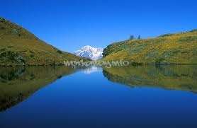La imagen representa un paisaje sereno con un lago, montañas y un cielo azul despejado, con una sutil marca de agua en el centro.