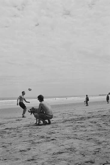 Two shirtless men play with a ball and a dog on a sandy beach. Other people walk in the background. The scene is in black-and-white.