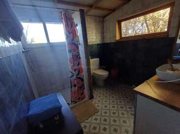 Esta imagen muestra un acogedor cuarto de baño con suelo de baldosas estampadas, una ducha con una colorida cortina, inodoro, grandes ventanales, encimera de madera y lavabo de recipiente. La luz natural entra a raudales.