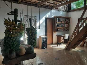 La imagen muestra una habitación con suelo de madera, escalera y estantería, en la que hay un gran racimo de plátanos y otras frutas sobre un banco.
