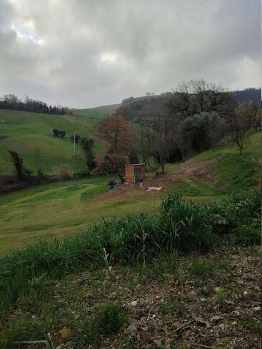 Um pequeno galpão de tijolos fica em um vale verdejante, cercado por colinas onduladas, árvores e um céu nublado, criando uma paisagem rural tranquila e serena.