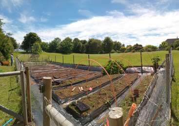 Esta imagen muestra un huerto vallado con bancales, mantillo de plástico y aros naranjas de soporte. Alrededor, césped verde y árboles.