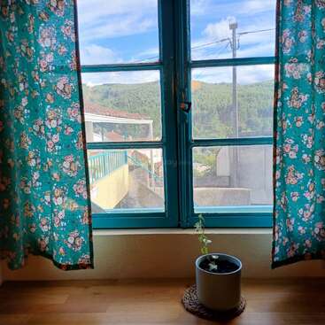 A small plant in a white pot sits on a wooden windowsill. Floral teal curtains frame a blue window, revealing green hills, buildings, and blue sky outside.
