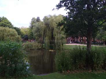 The image depicts a serene park scene, featuring a pond, lush greenery, and trees, with a residential area in the background, evoking a sense of tranquility and natural beauty.