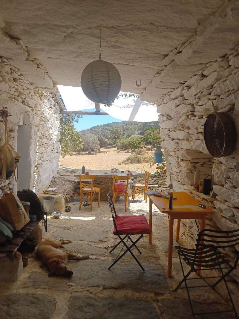A rustic stone porch with white walls, mismatched wooden chairs, a simple table, and a sleeping dog. Outside, sunny countryside and trees create a peaceful atmosphere.