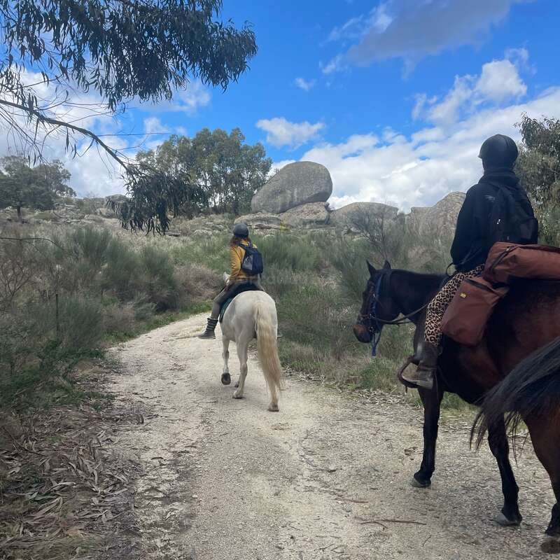 L'image représente deux personnes à cheval sur un chemin de terre, entouré d'arbres et de rochers, avec un ciel bleu et des nuages blancs en arrière-plan.