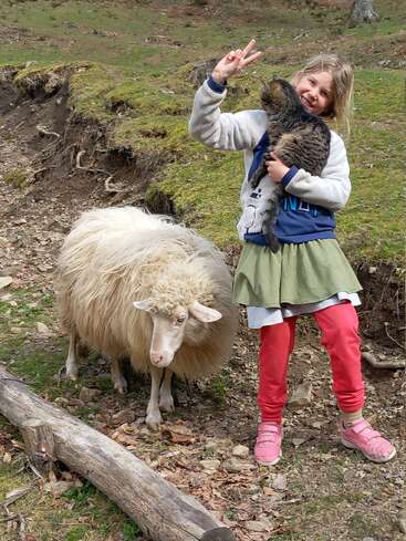 Ein junges Mädchen steht auf einer Wiese, hält eine Katze und posiert mit einem Schaf in der Nähe für die Kamera, während sie mit ihrer Hand ein Friedenszeichen macht.