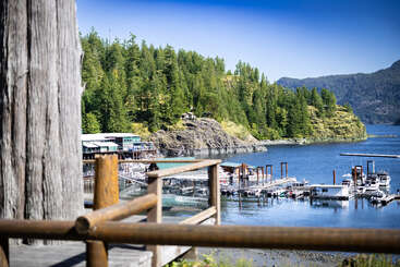 Overlooking a tranquil marina, boats are docked by a lush, forested hillside. Wooden railings frame the view, beneath a vibrant blue sky and calm water.