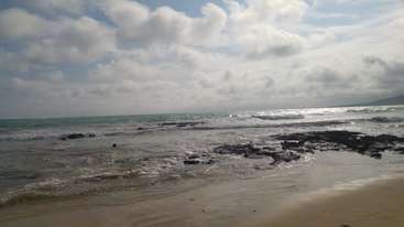 La imagen representa una serena escena de playa con un mar en calma, con una orilla arenosa y suaves olas, que evocan una sensación de tranquilidad y relajación. El cielo está despejado y soleado.