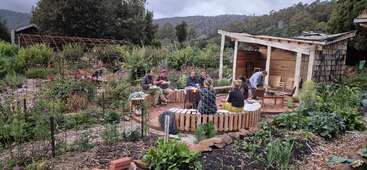 Eine Gruppe von Leuten versammelt sich und genießt das Essen in einem üppigen, grünen Garten mit Holzbänken und einem kleinen Holzunterstand, umgeben von farbenfrohen Pflanzen und Hügeln.