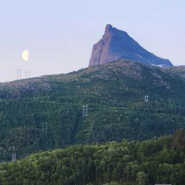 Un escarpado pico montañoso se eleva sobre un frondoso bosque verde, con una media luna brillando en el cielo azul. Las líneas eléctricas cruzan el verde paisaje.