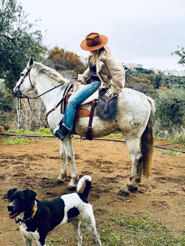 A person wearing a brown hat and jacket rides a white horse while a black and white dog stands in the foreground on a dirt path.